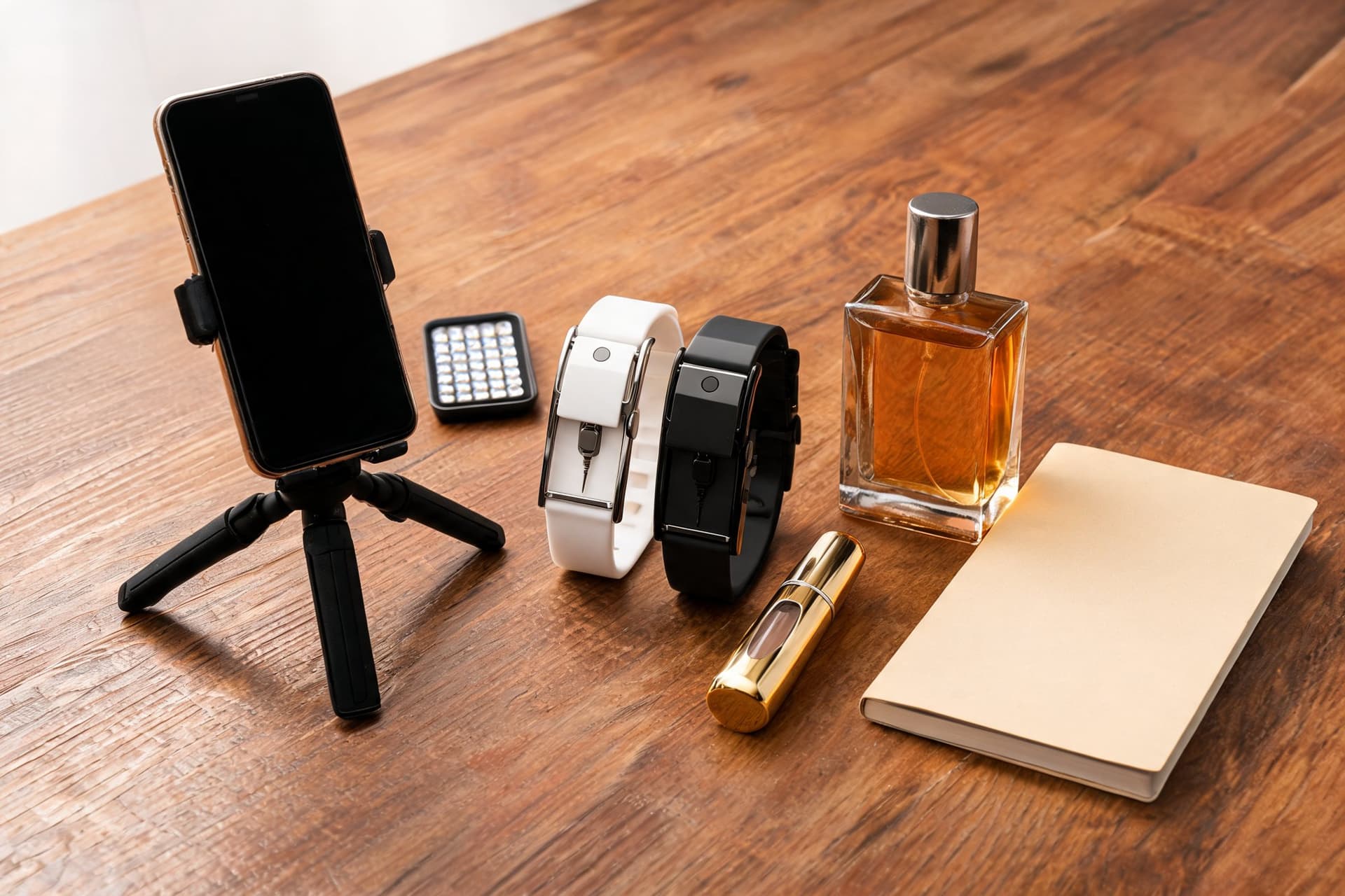 Content-Setup mit Smartphone, Licht, Parfüm-Armband und Taschensprayer