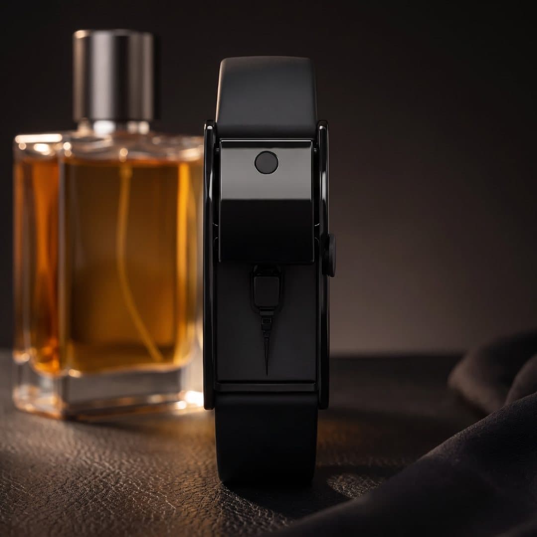 Schwarzes Parfüm-Armband neben einer Parfümflasche